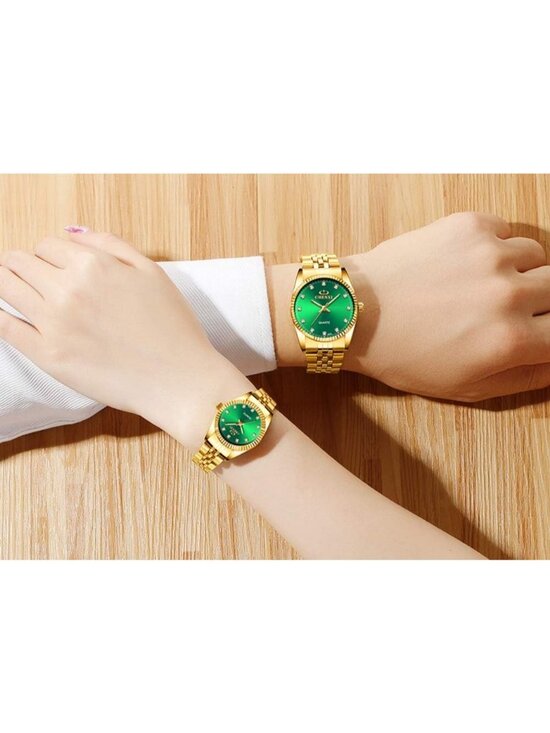 Women\'s Green Analog Classic Golden Stainless Steel Crystals Quartz Wrist Watch main image 4